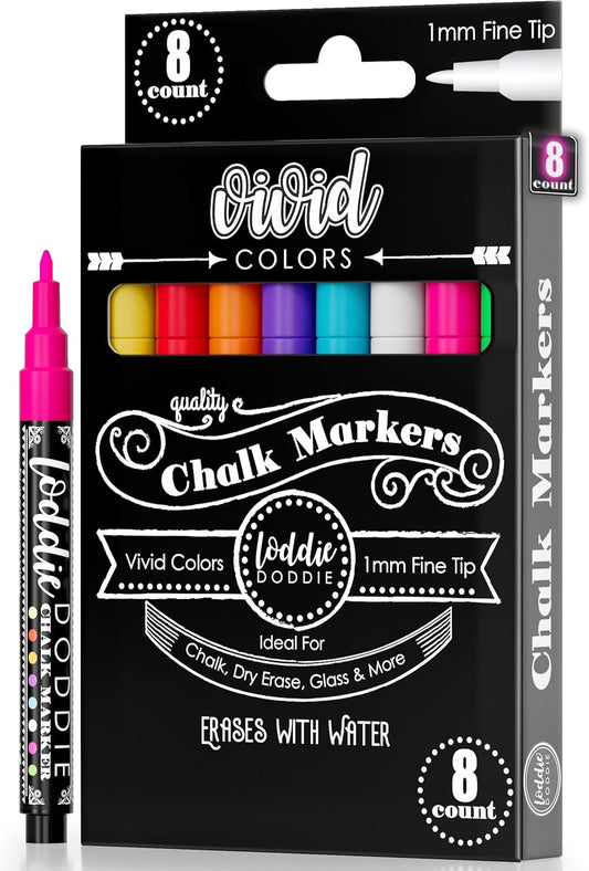 Loddie Doddie Fine Tip Liquid Chalk Markers - Pack of 8 1mm Neon Colors - Erasable Low-Odor Dry Erase Chalk Markers for Chalkboard, Blackboard & Glass