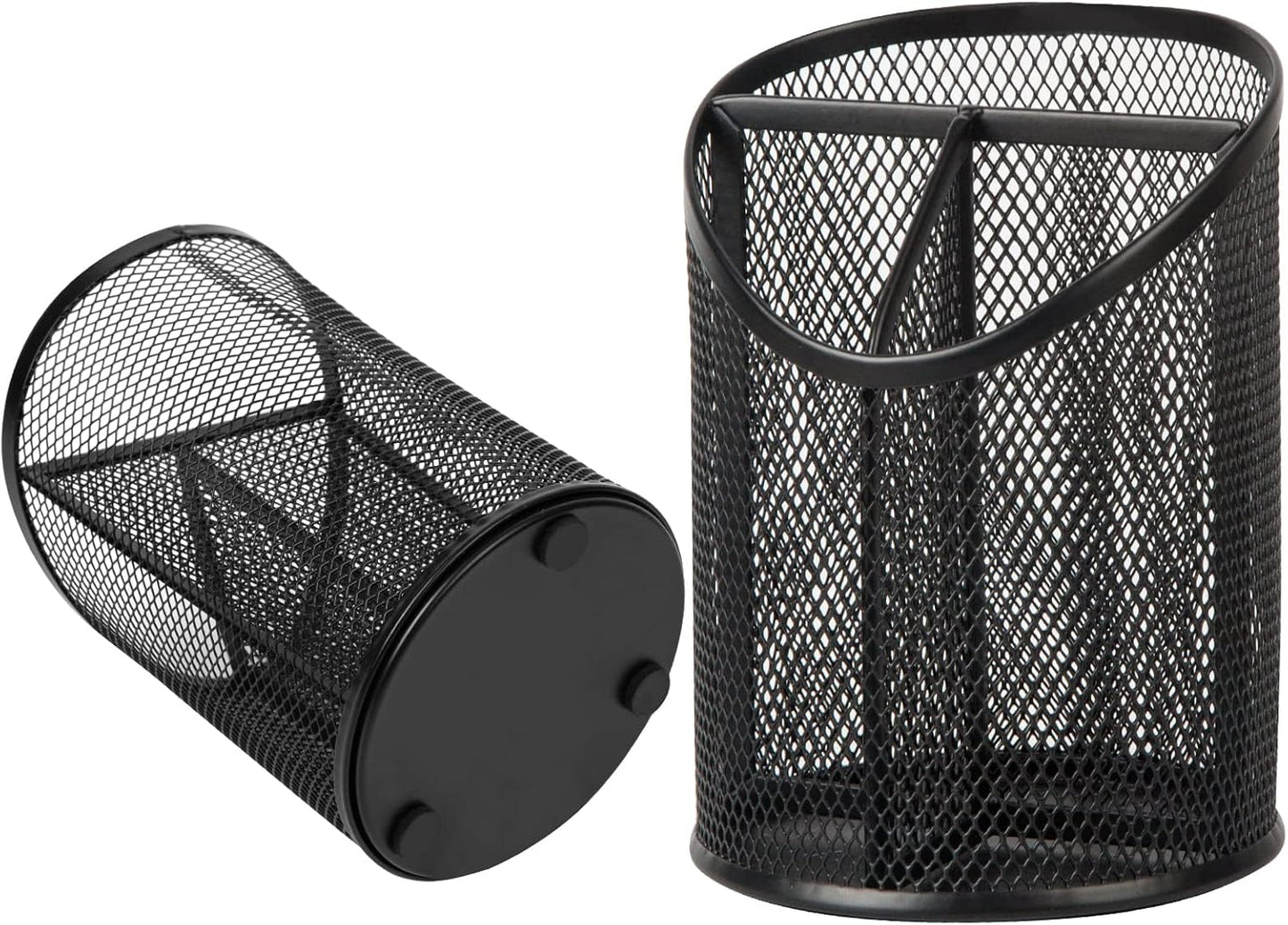 2 Pack Pen Holder Mesh Round Pencil Holder Desktop Organizer 3 Compartments, Black