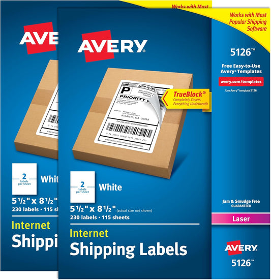 Avery Half-Sheet Printable Shipping Labels, 5.5" x 8.5" Customizable Stickers, White, 400 Blank Mailing Labels, Great for Mailing, Shipping, Organizing, and More (21526)