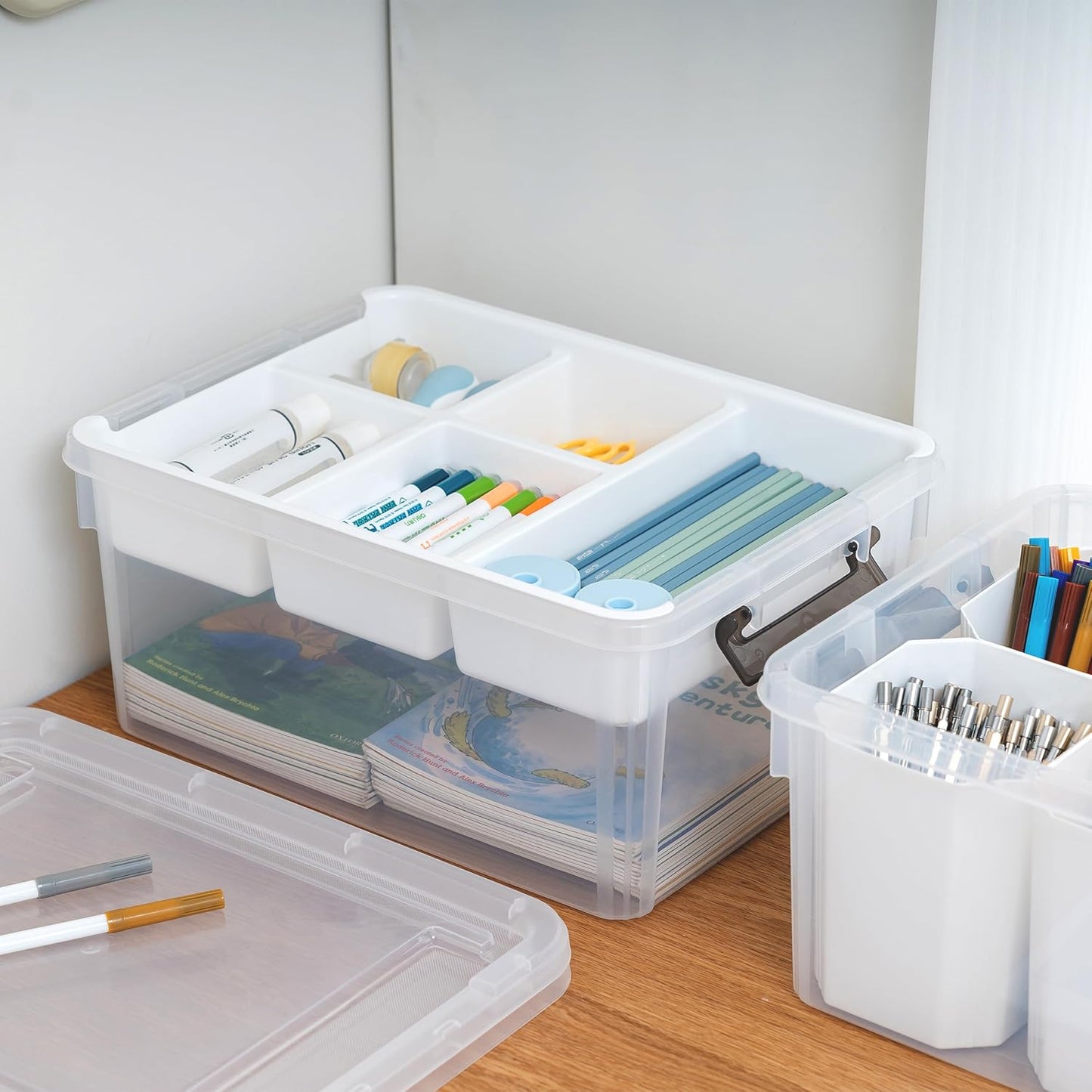 Citylife 17 QT Plastic Storage Box with Removable Tray and 6 Detachable Tall Inserts Craft Organizers and Storage Clear Storage Container for Organizing Crayon, Craft, Sewing, Playdoh, 2 Packs