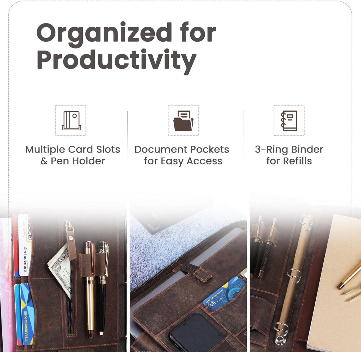 Premium Leather Portfolio Organizer with Zipper - Brown Business Padfolio with Card Slot, Document Holder, Pen Loops | Leather Padfolio with 3 Rings Binder Legal Pad Holder Podfolio for Men & Women