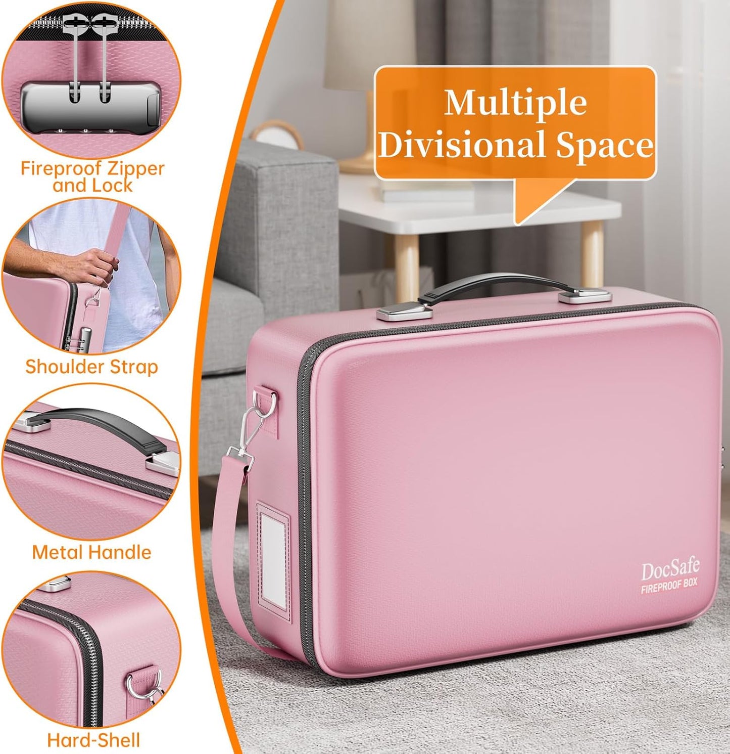 DocSafe Fireproof Document Box with Lock＆Shoulder Strap,Hard Case File Organizer with Accordion File Folder,Multi-Layer Portable Home Office Travel Safe Storage for Important Documents Laptop Pink