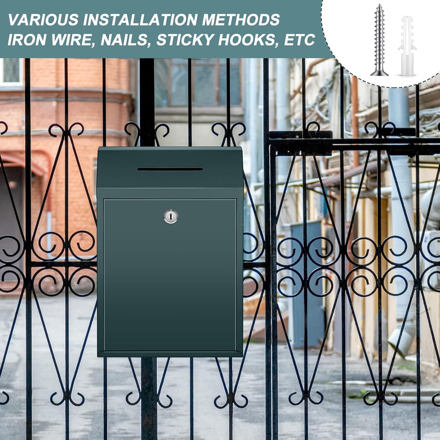 Metal Donation Cash Box Collection Safe Suggestion Box with Lock Wall Mounted Mailbox Delivery Ballot Container for Home Office Outdoor Door(Green,11.8 x 8.6 x 4.7 Inch)