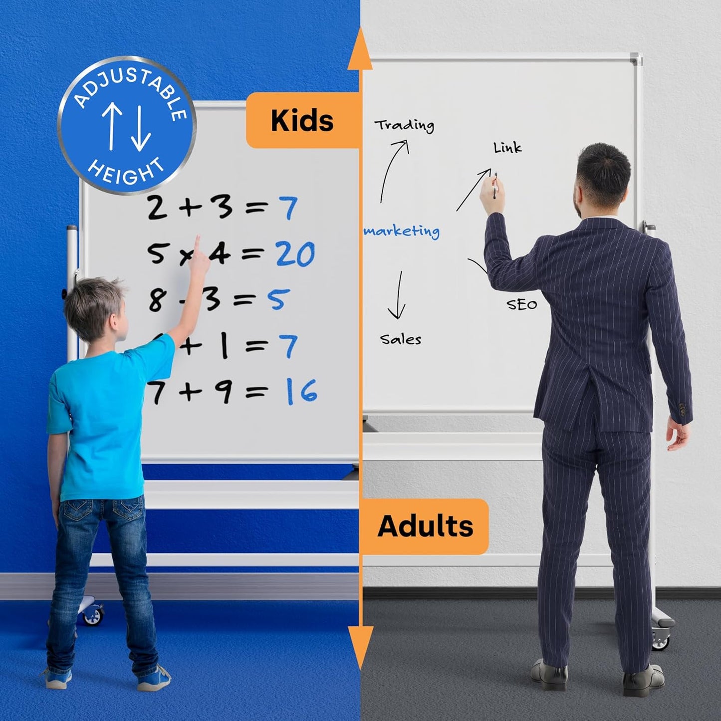 Rolling Dry Erase Board 96 x 46 - Large Portable Magnetic Whiteboard with Stand - Double Sided Easel Style Whiteboard with Wheels - Mobile Standing White Board for Office, Classroom & Home