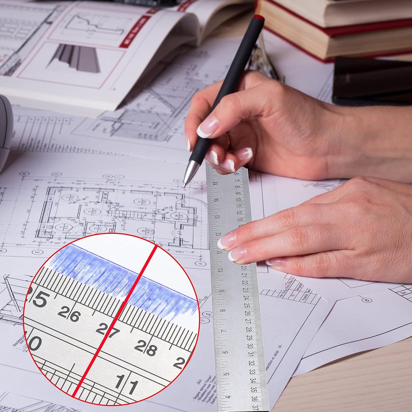 Metal Ruler with Cork Backing: 6+12 Inch Stainless Steel Non-Slip Ruler with Inch and Centimeters