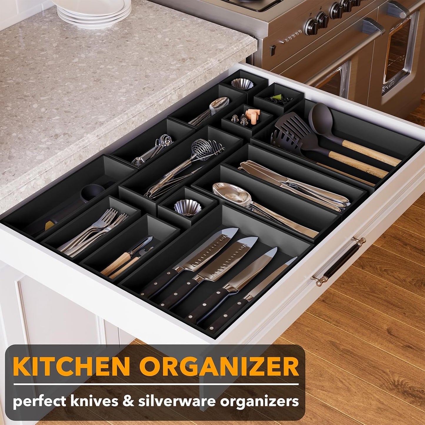 SpaceAid 14-Piece Bamboo Drawer Organizer Storage Boxes Set, Wood Tray Junk Drawer Organizers Multi-Use Divider Bins for Kitchen, Bathroom, Office Desk and Makeup Organization (14 Pack, Black)