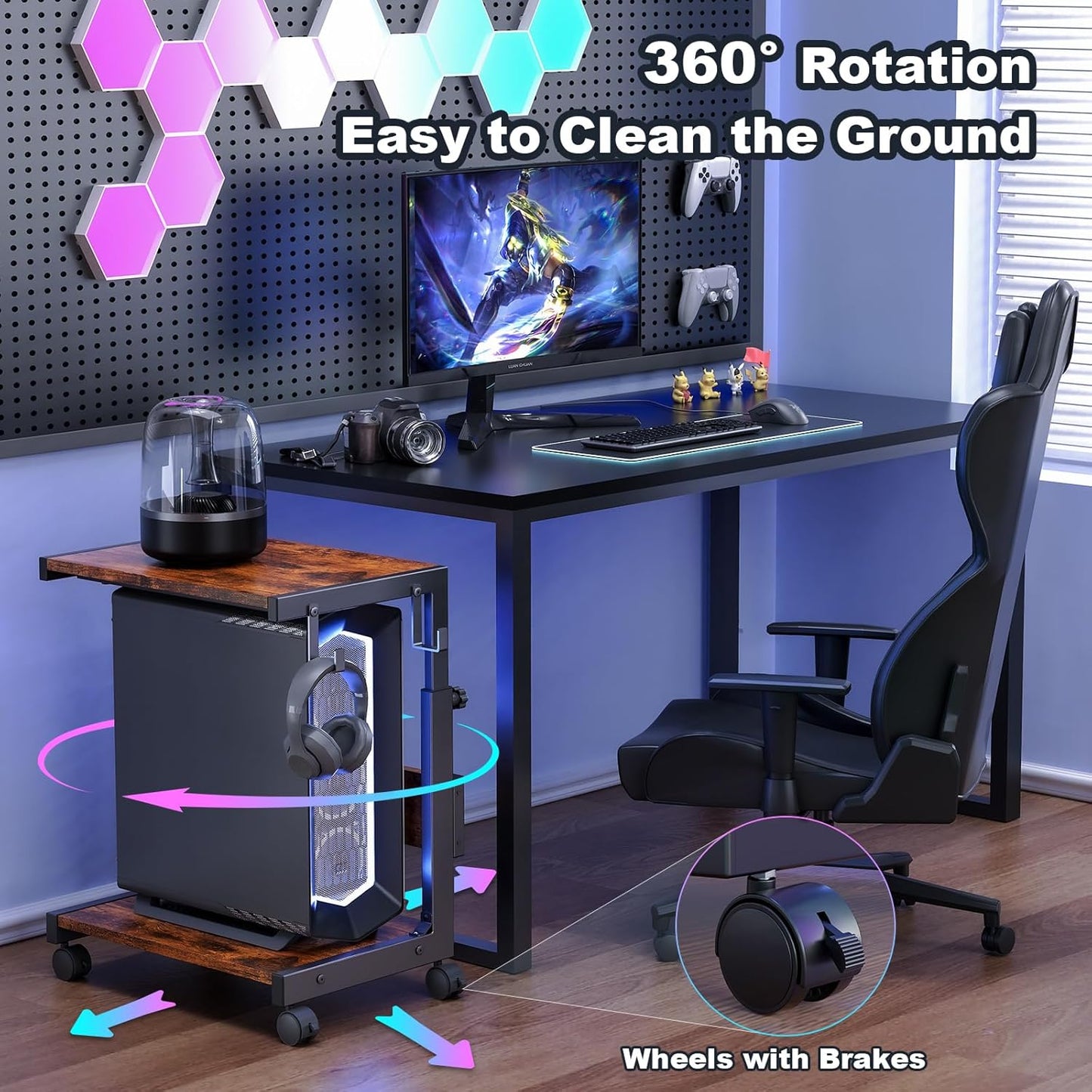 Computer Tower Stand with Charge Station and USB Charging Port - Height Adjustable PC Tower Stand, Under Desk CPU Holder Cart with Locking Caster Wheels for Fits Most PC