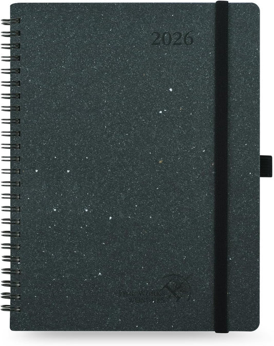 POPRUN 2026 Planner - 2026 Recycled Weekly Planner [Italian Regenrated Leather - Medium Size 6.5'' x 8.5''] - 2026 Weekly Planner with Hourly Schedule, Monthly Tabs-26-WERO7-BGY - Black Grey