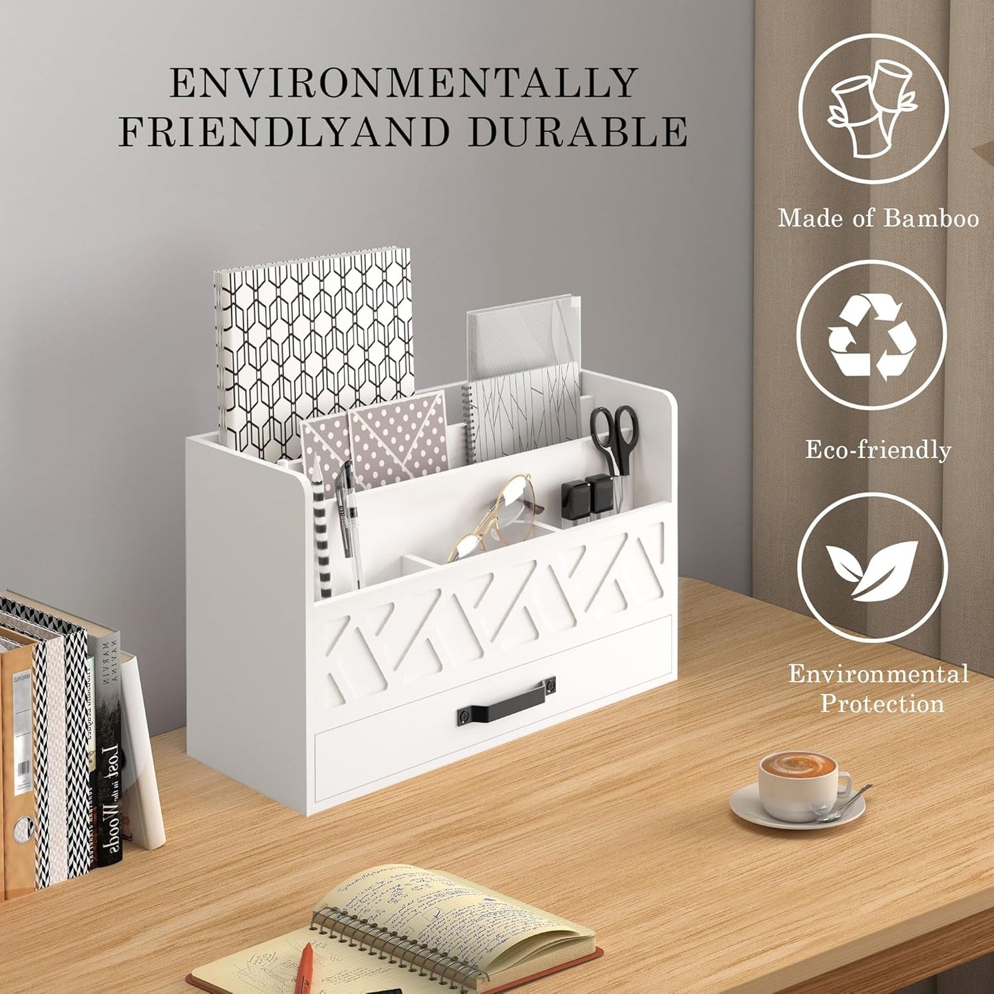 Bamboo Mail Organizer Countertop Wood Desk Organizer Drawer Tabletop Storage Box Letter Sorter Makeup Organizer for School Home Office Supplies White