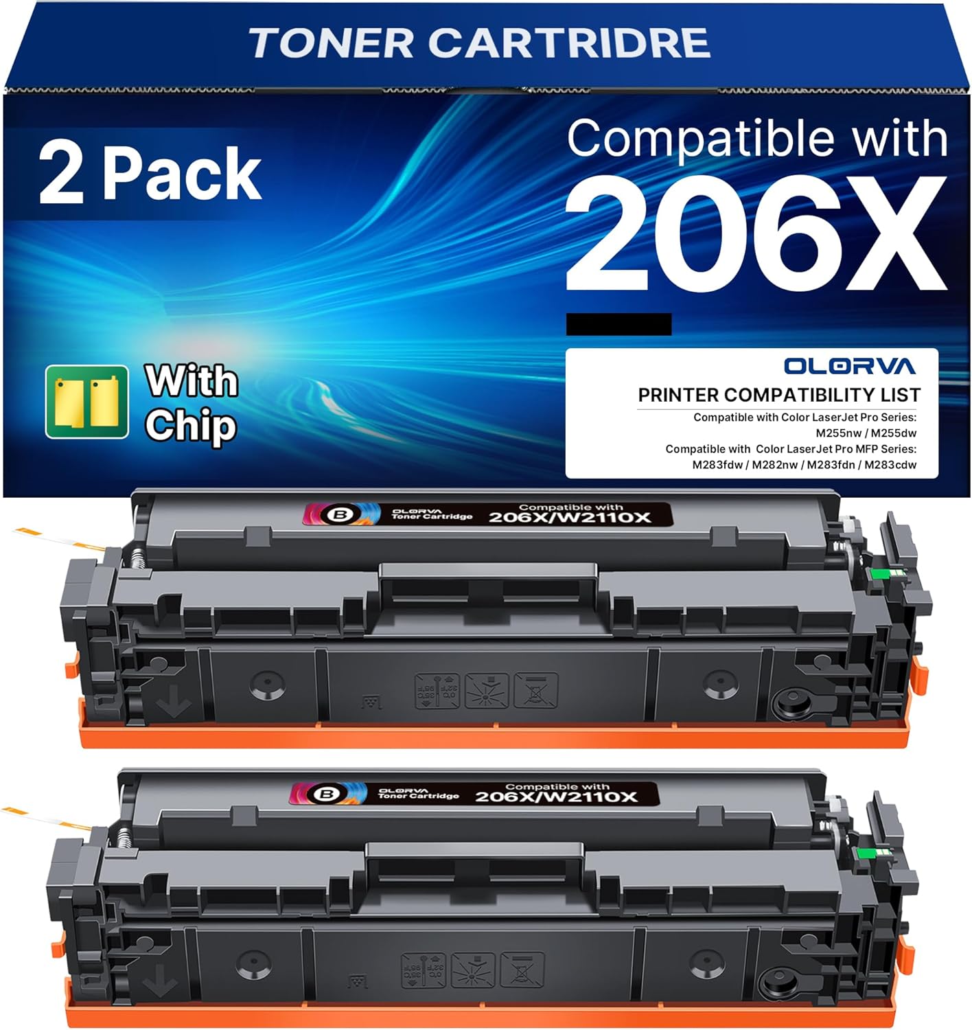 206X Black Toner Cartridge Replacement for 206X 206A Black to use with Color Pro MFP M283fdw M283cdw M283fdn M282nw M255dw M255nw M283 M255 Printer(W2110X W2110A, 2 Packs)