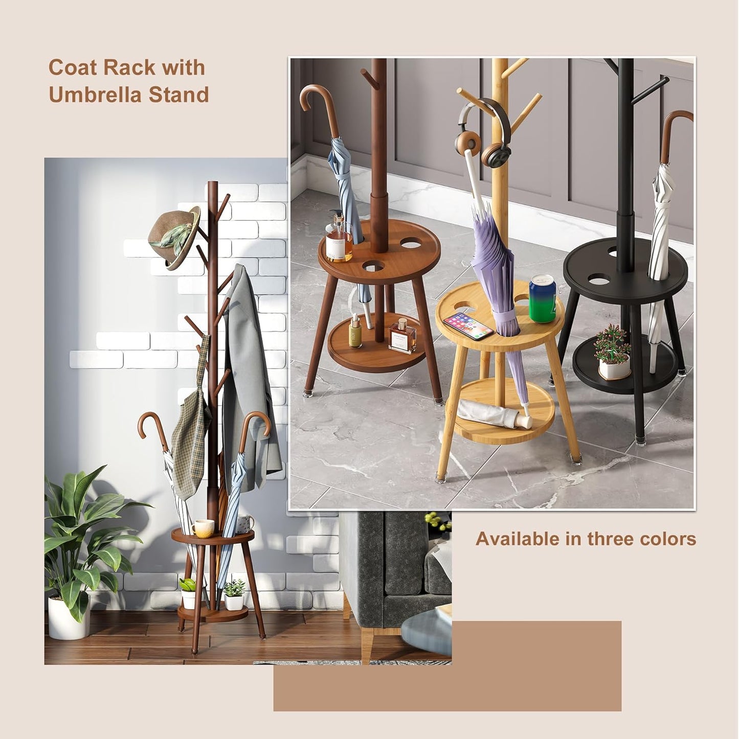 FILWH Freestanding Coat Rack with Umbrella Organizer Tray Bamboo Coat Tree Rack with 8 Hook Stand for Clothes Bag Hats Entryway Hanger Stand(Brown)