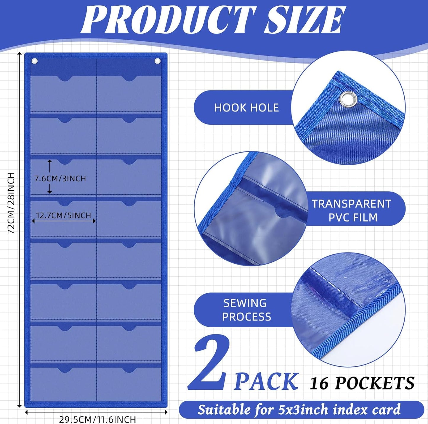 2 Pack 3'' x 5'' Index Card Holder Sleeve 16 Slot Plastic Organizer Hanging Wall Mount Business Note Cardholder PVC Clear Organizer Pocket for Classroom Office Library Home (Blue)
