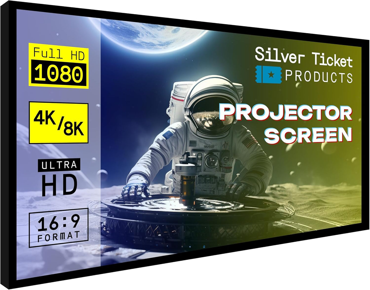 Silver Ticket Products STR Series 6 Piece Home Theater Fixed Frame 4K / 8K Ultra HD, HDTV, HDR & Active 3D Movie Projection Screen, 16:9 Format, 142" Diagonal, Woven Acoustic Material STR-169142-WAB