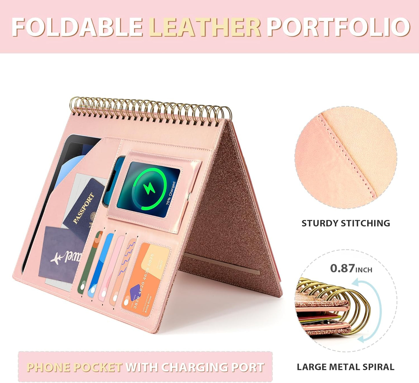 Clipboard with Storage for Men Women, Leather Padfolio Portfolio Organizer 5 Folders with 10 Pockets, Spiral Clipboard Folio with Notepad for Letter Size, Elastic Closure and Pen Loop Rose Gold