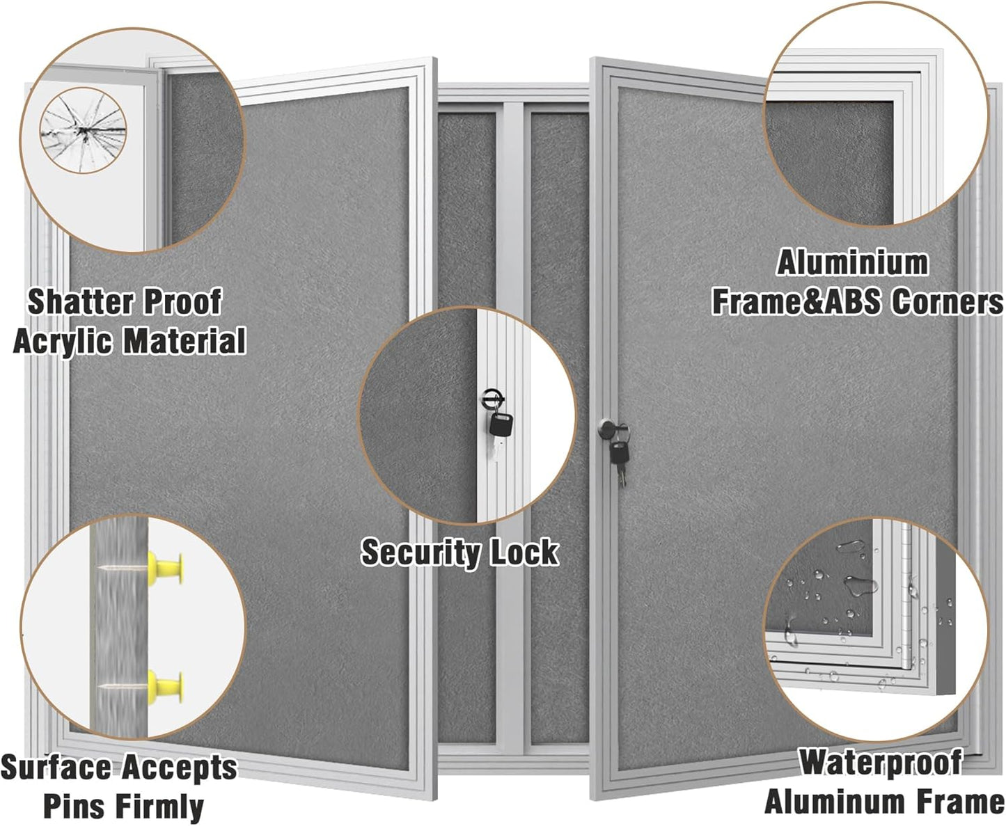 48"x34" Enclosed Bulletin Board, Outdoor Lockable Weather-Resistant Aluminum Cork Noticeboard for School & Office, Silver Frame w/Grey Flet