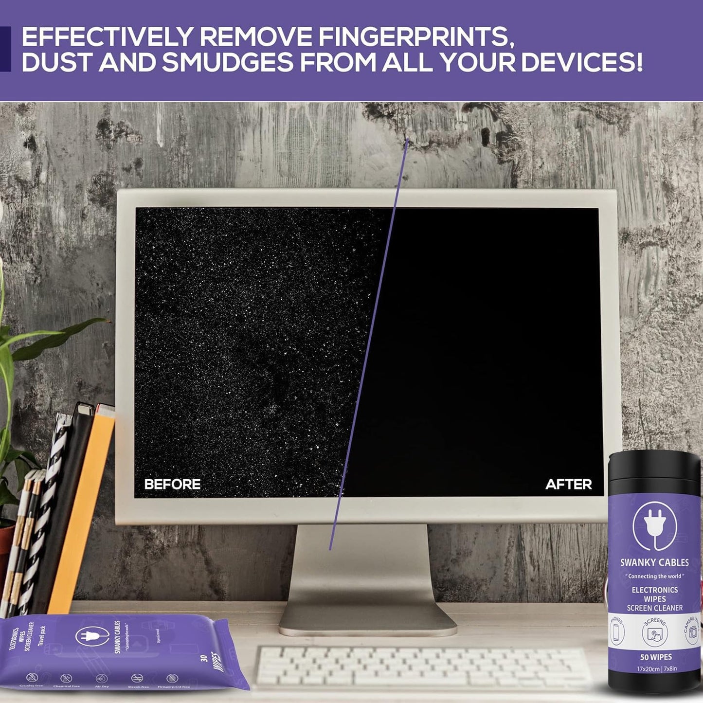 Screen Cleaner Wipes Bundle - Electronic Wipes for Screens, Computer, Phone, TV, Monitor and Lens, Tech Cleaning Supplies, Includes Microfiber Cloth - 2 Canister & 2 Soft Wipes