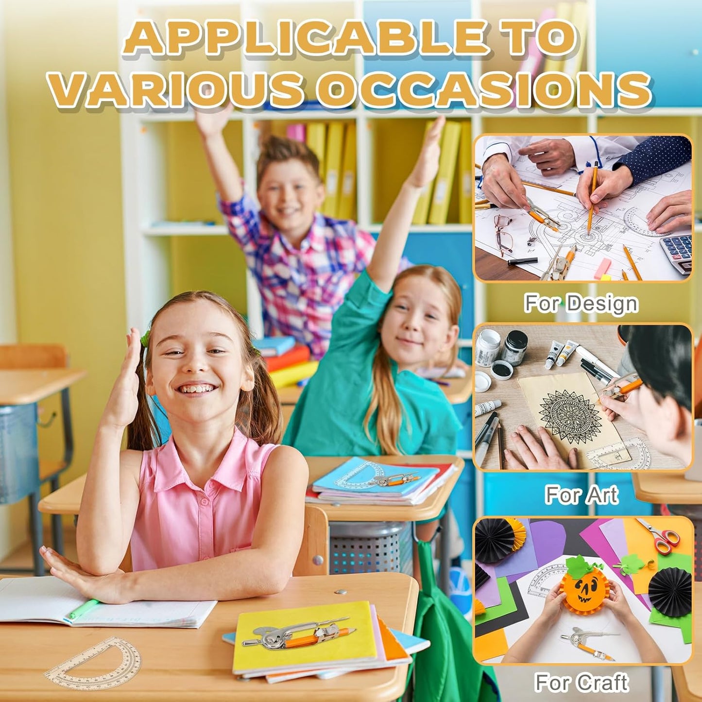 4 Pack Geometry Tool Set, Math Compass for Geometry and 6 Inch Protractor Set Include Metal Compass with Pencil and Clear Plastic Protractor for Student Classroom Office Woodworking Art Drawing