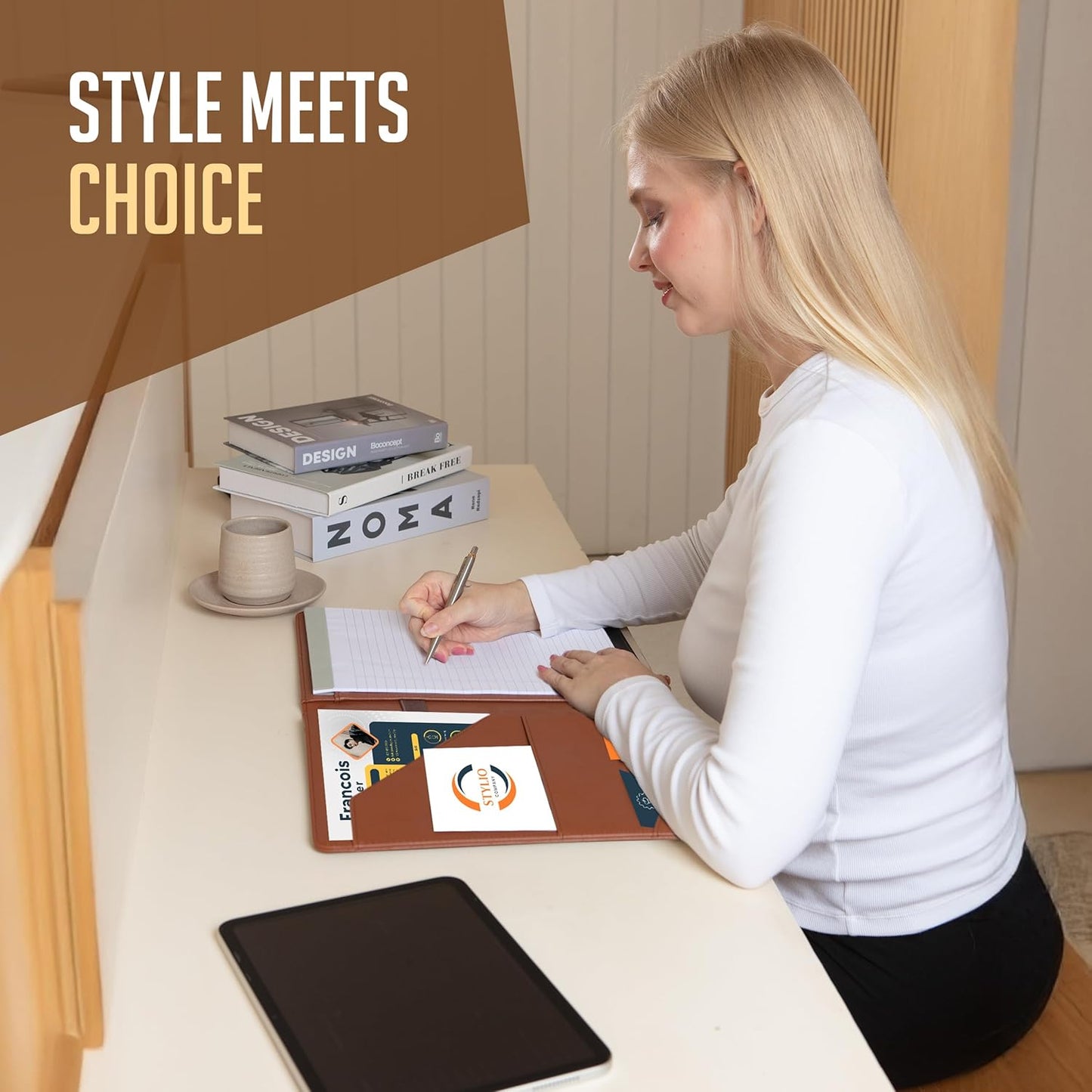 STYLIO Padfolio Portfolio Organizer Binder (Tan Color) | Interview Resume Folder, Document, Business Card Holder |w/Letter-Sized Notepad | Handsome Brown Faux Leather Folio Matte Finish