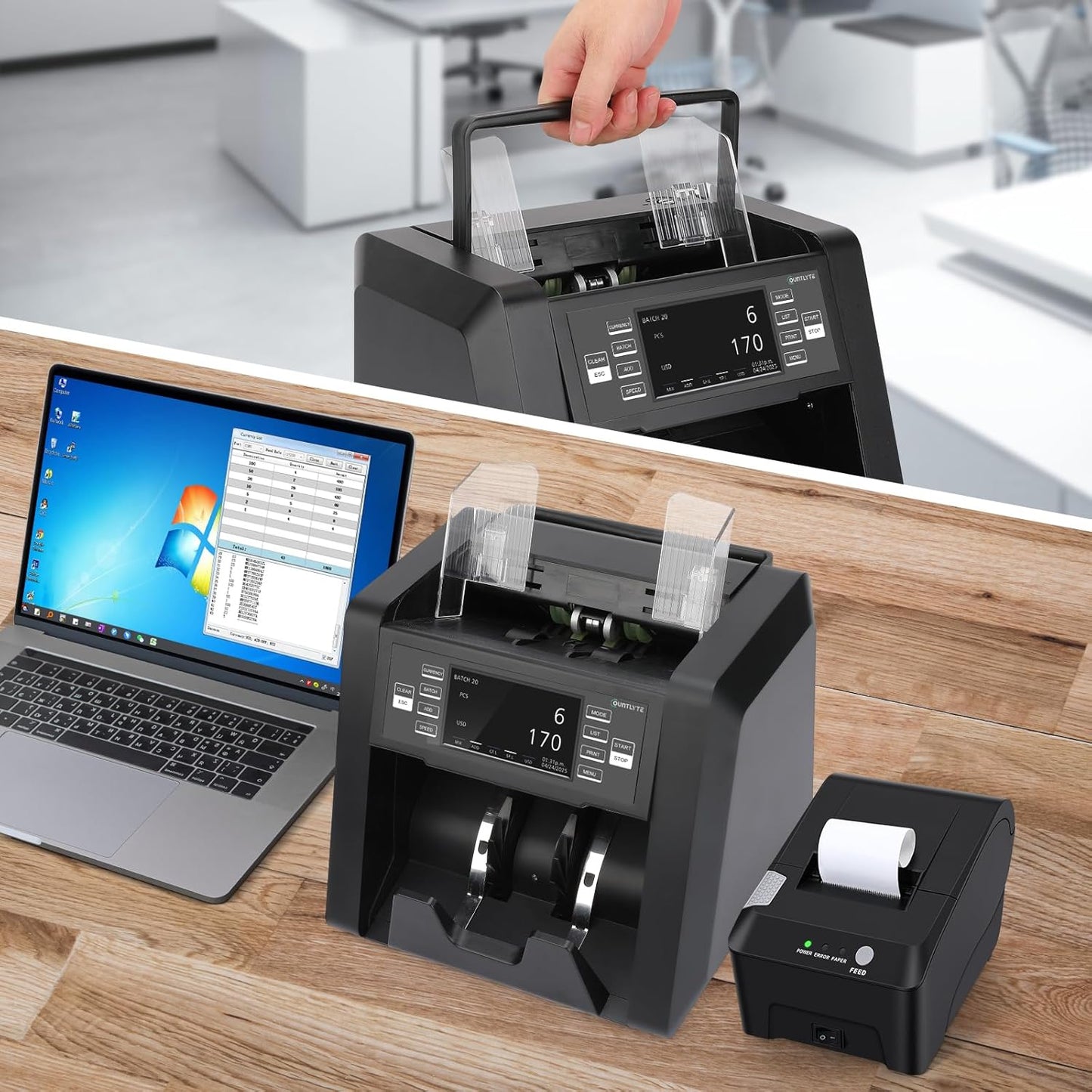 N30 Money Counter Machine Mixed Denomination, Multi Currency Value Count, CIS/UV/MG/IR Counterfeit Detection, Printer Enabled Cash Counter for Business