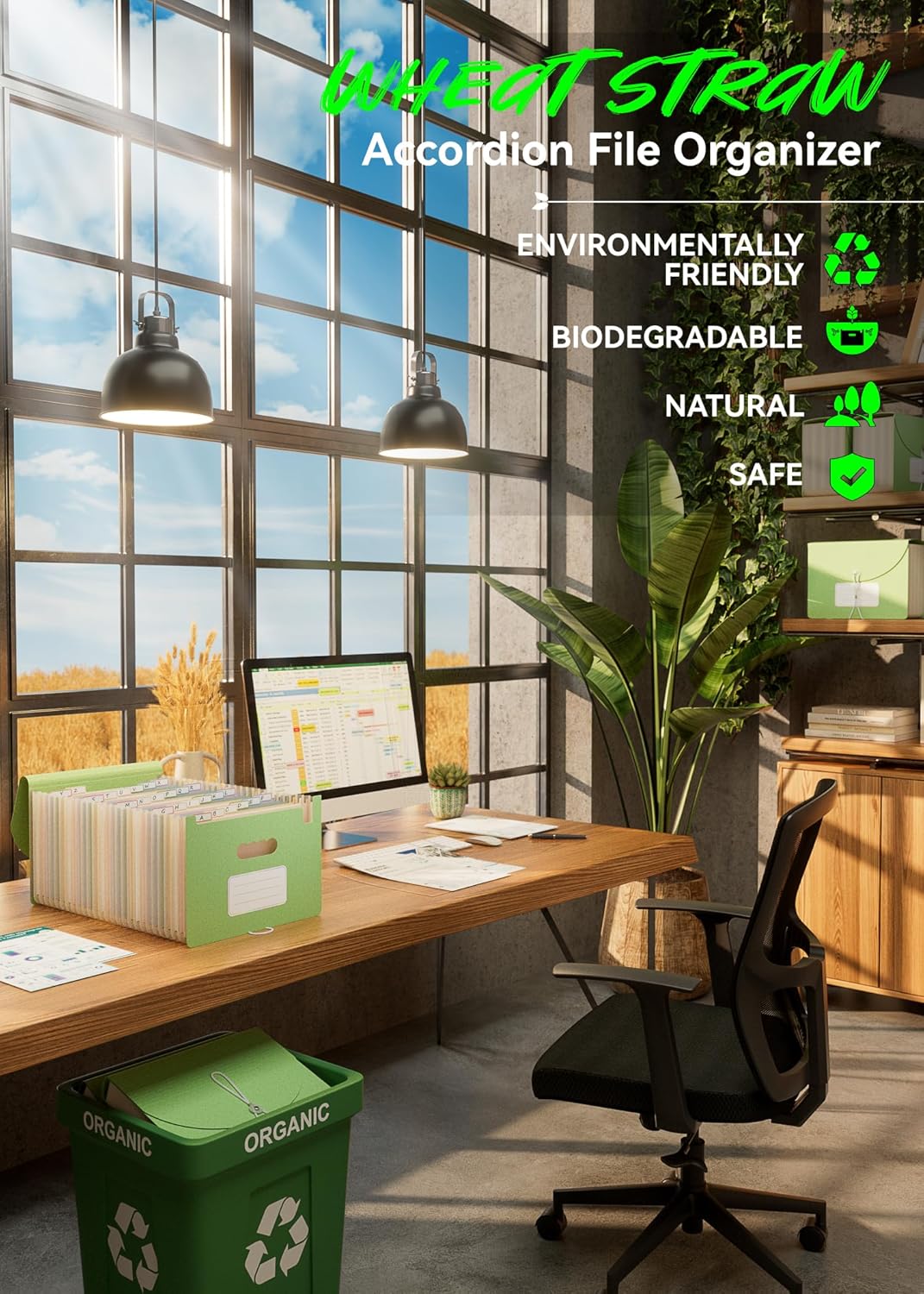 Accordion File Organizer, 26 Pockets Wheat Straw Expanding File Folder, Monthly Bill Receipt Organizer, A-Z Tabs, 100% BPA Free, Return to Nature, Healthy Living, Letter/A4 Size - Mint Green