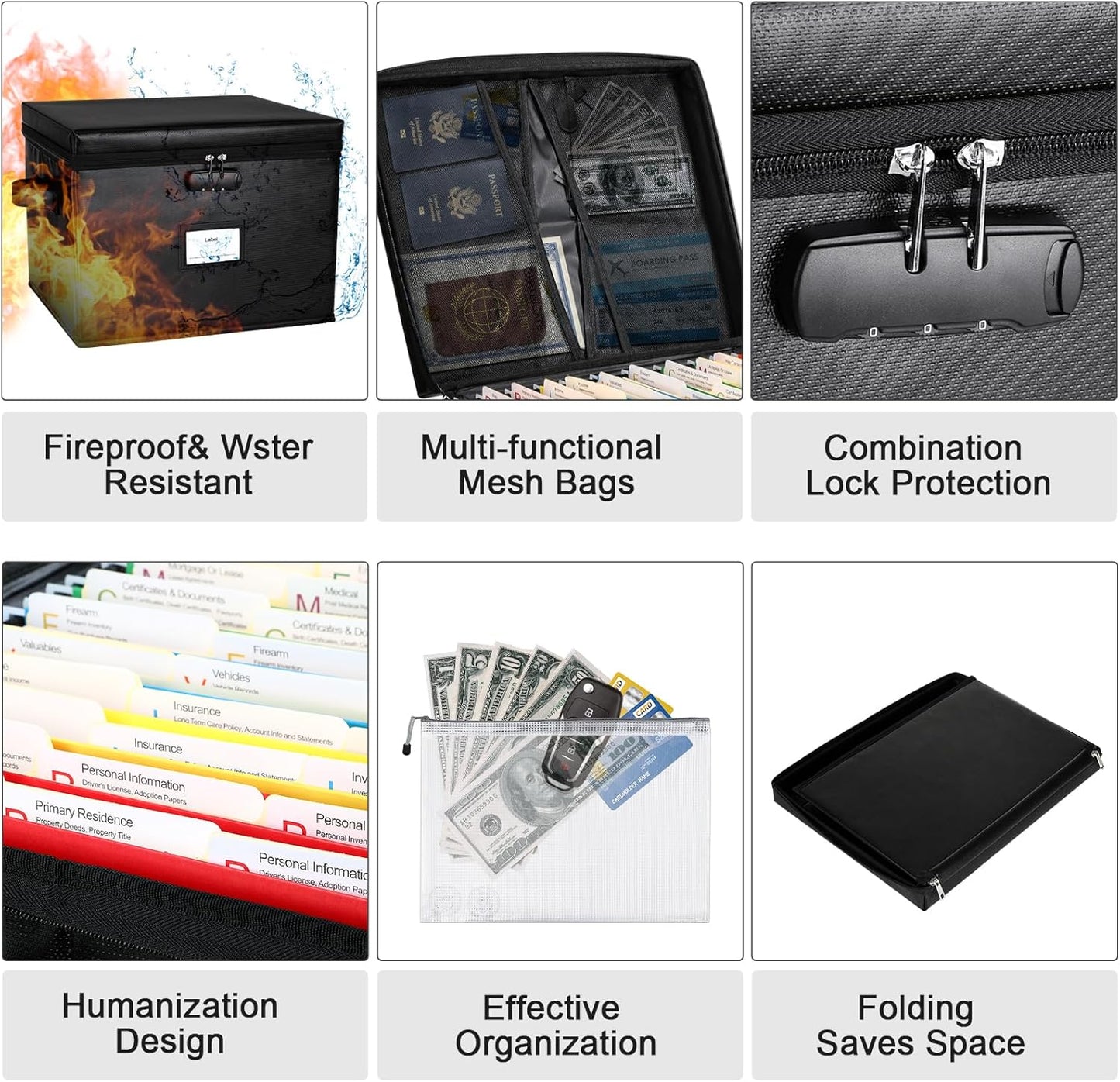 File Box Fireproof Document Box with Lock, Document Safe File Storage Organizer Boxes for Next of Kin Estate Planing Organizer End of Life Planner (Box With Accessories, Black)