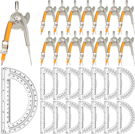 30 Pack Geometry Tool Set, Math Compass for Geometry and 6 Inch Protractor Set Include Metal Compass with Pencil and Clear Plastic Protractor for Student Classroom Office Woodworking Art Drawing