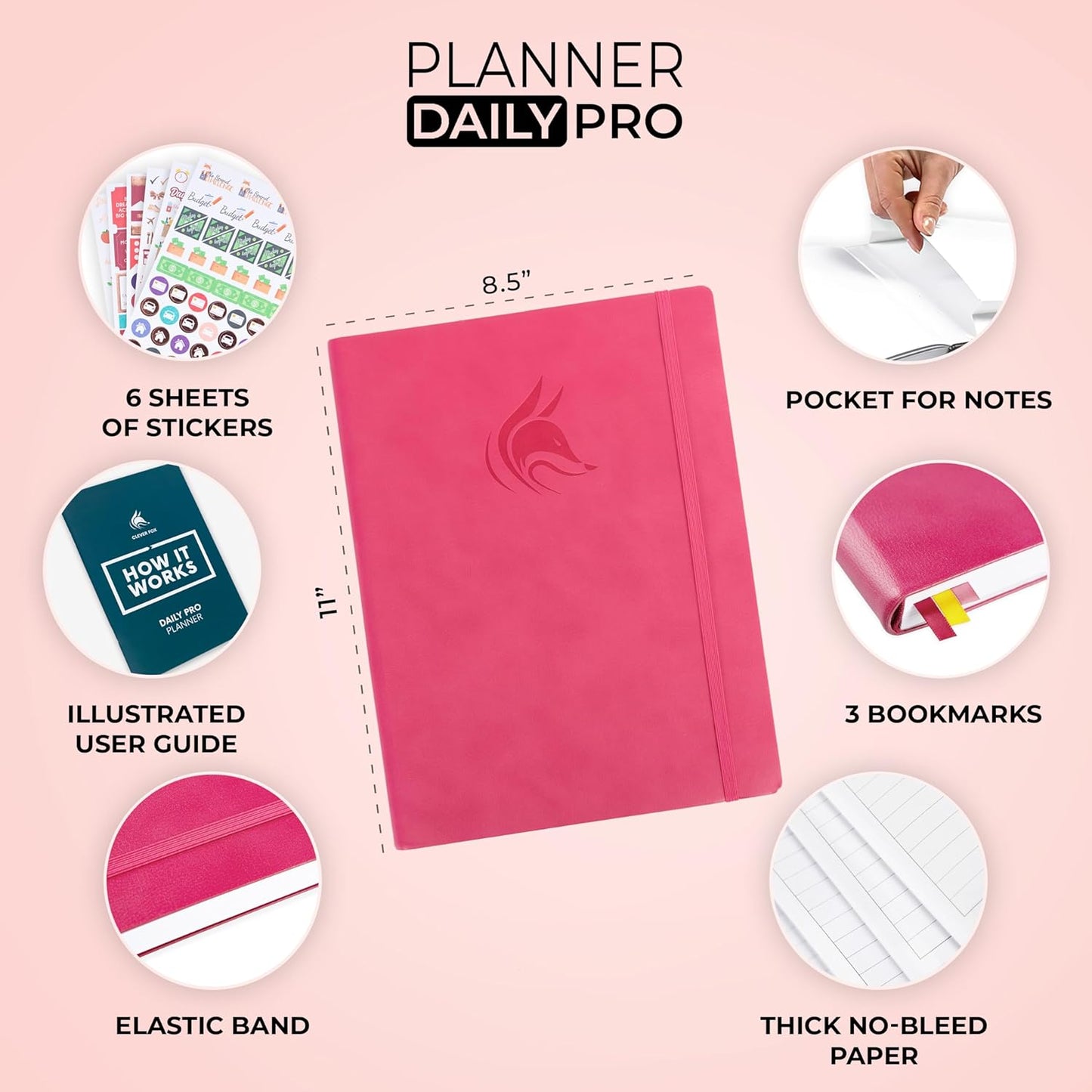 Clever Fox Planner Daily PRO - 8.5 x 11" A4 Size Daily Life Planner and Gratitude Journal to Increase Productivity, Time Management and Hit Your Goals - Undated - Lasts 3 Months (Dark Pink)