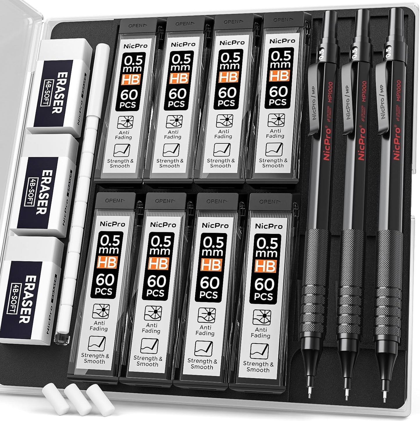 Nicpro 0.5 mm Mechanical Pencils Set with Case, 3 Metal Artist Pencil With 480PCS HB Lead Refills, 3 Erasers,9 Eraser Refills For Architect Art Writing Drafting, Drawing, Engineering, Sketching, Black
