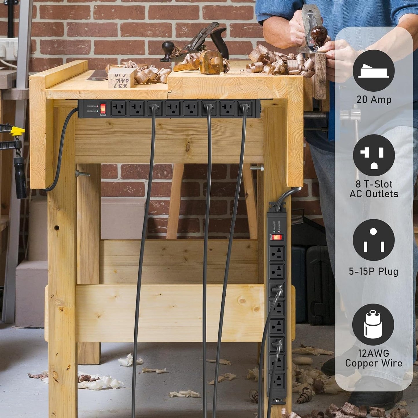 JUNNUJ 20 Amp Power Strip Surge Protector 4800J, Heavy Duty 8 Outlet Metal Multi Angle Mount, 20A Garage Power Strip Shop 6-20R T-Slot, 5-15P Plug 12 Gauge Extension Cord 6ft for Appliance