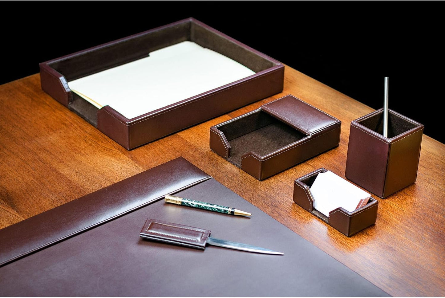 Dacasso Dark Brown Bonded Leather Luxury 6 Piece Desk Set - Blotter Pad & Desk Organization Essentials - Executive Decor and Surface Protector