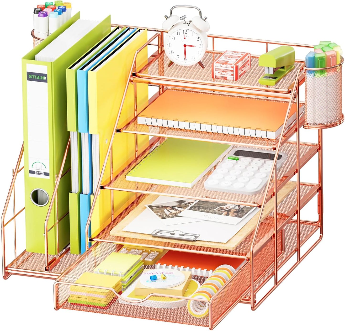 Marbrasse Desk Organizer with File Holder, 5-Tier Desk Organizers and Accessories with Drawer and 2 Pen Holder, Mesh Paper Letter Tray, Desktop Organizer and Storage for Office Supplies (Rose Gold)