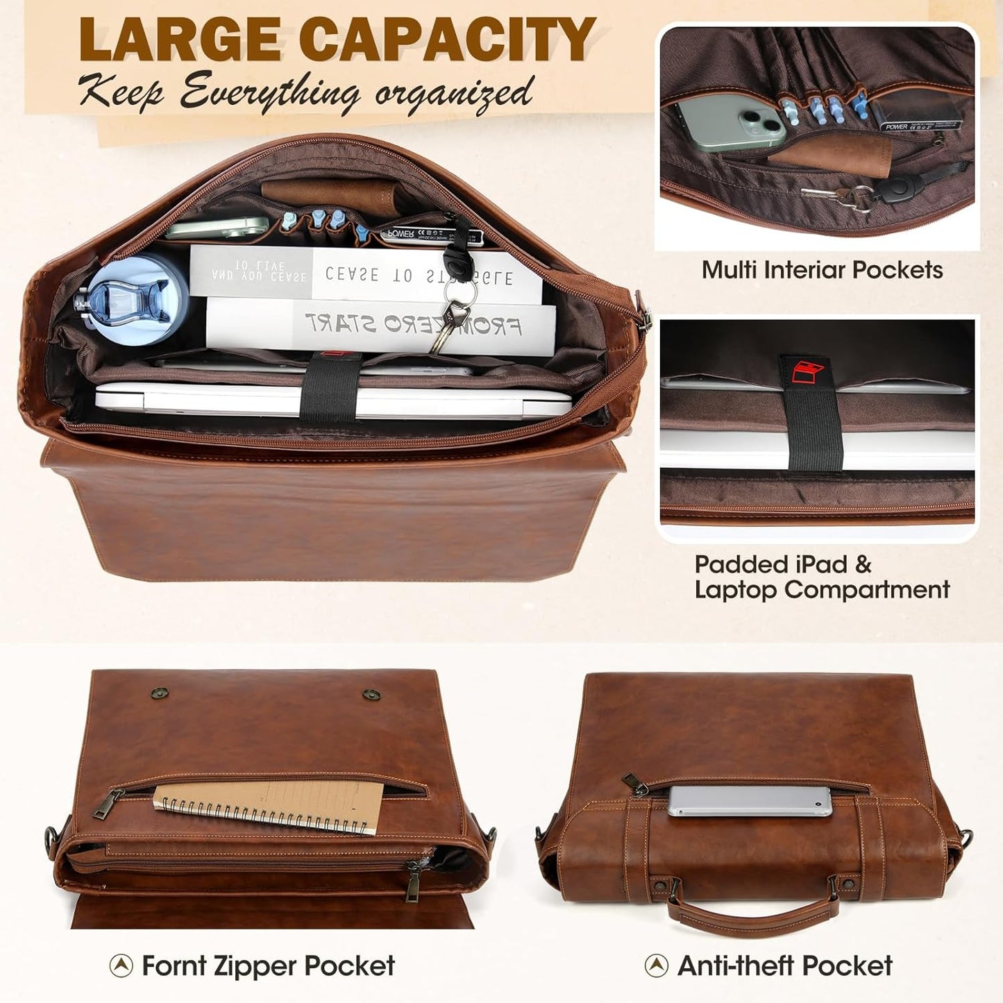 RAINSMORE Mens Messenger Bag 18 Inch Waterproof Vintage Leather Laptop Briefcase Large Laptop Bag Satchel Bag Computer Shoulder Bag for Office Business Travel College,Brown