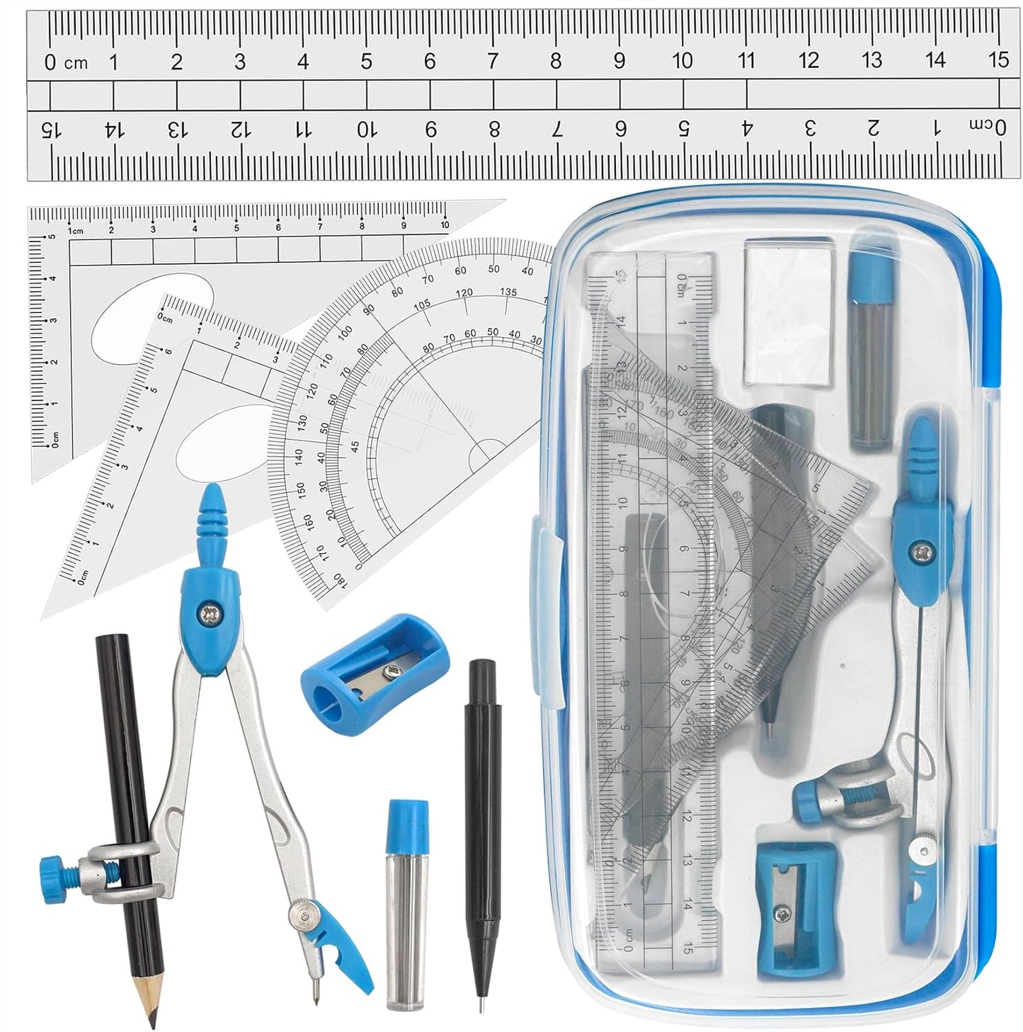 Drafting Compass Kit School Supply Set Featuring Geometry Compass, Protractor, Set Squares, and Ruler – for School Grade Boy snd Girl with Every Piece Compact in Carrying Case, Classic Blue
