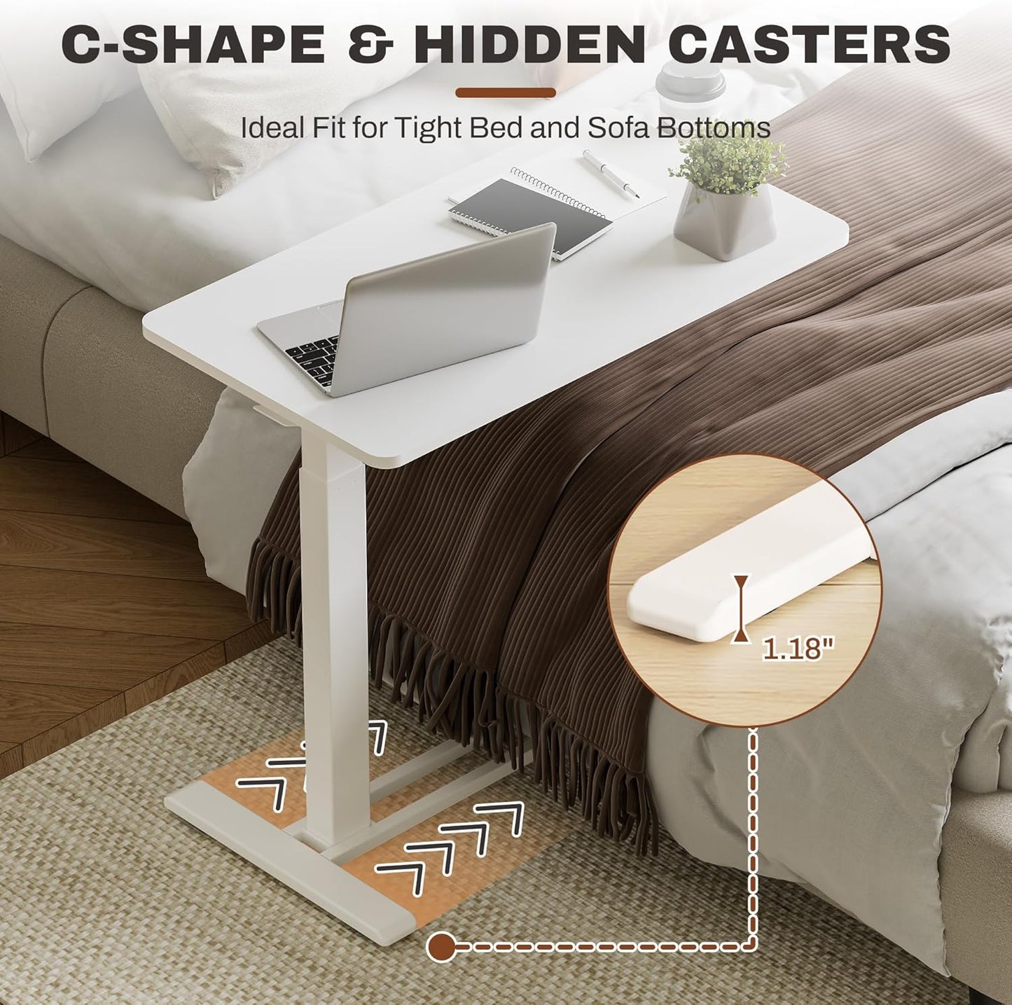 FLEXISPOT Mobile Standing Desk with Wheels Pneumatic Laptop Desk Rolling Computer Cart Movable Height Adjustable Small Sit Stand Desk Computer Workstations Home Use（27.6" W x 15.7" D,White