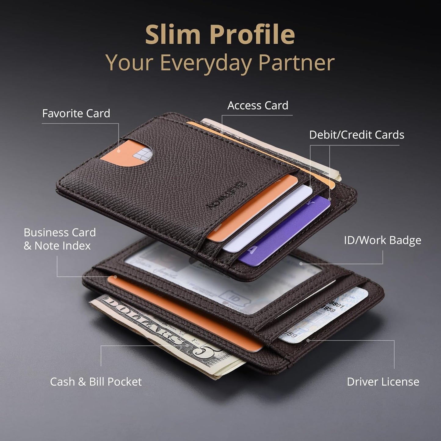 Buffway Slim Minimalist Front Pocket RFID Blocking Leather Wallets for Men and Women - Galaxy Coffee