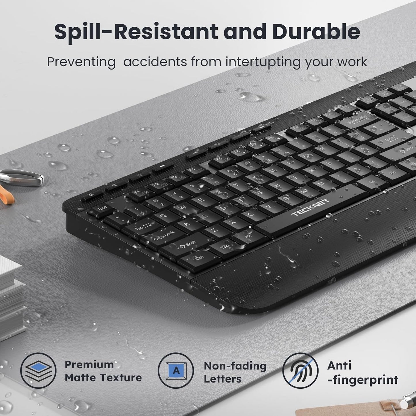 TECKNET Ergonomic Wireless Keyboard for Laptop, 2.4G USB Silent Computer Keyboard with Comfortable Palm Rest & Adjustable Feet Stand for Desktop, PC, Notebook, Surface and Windows, Full Size Layout