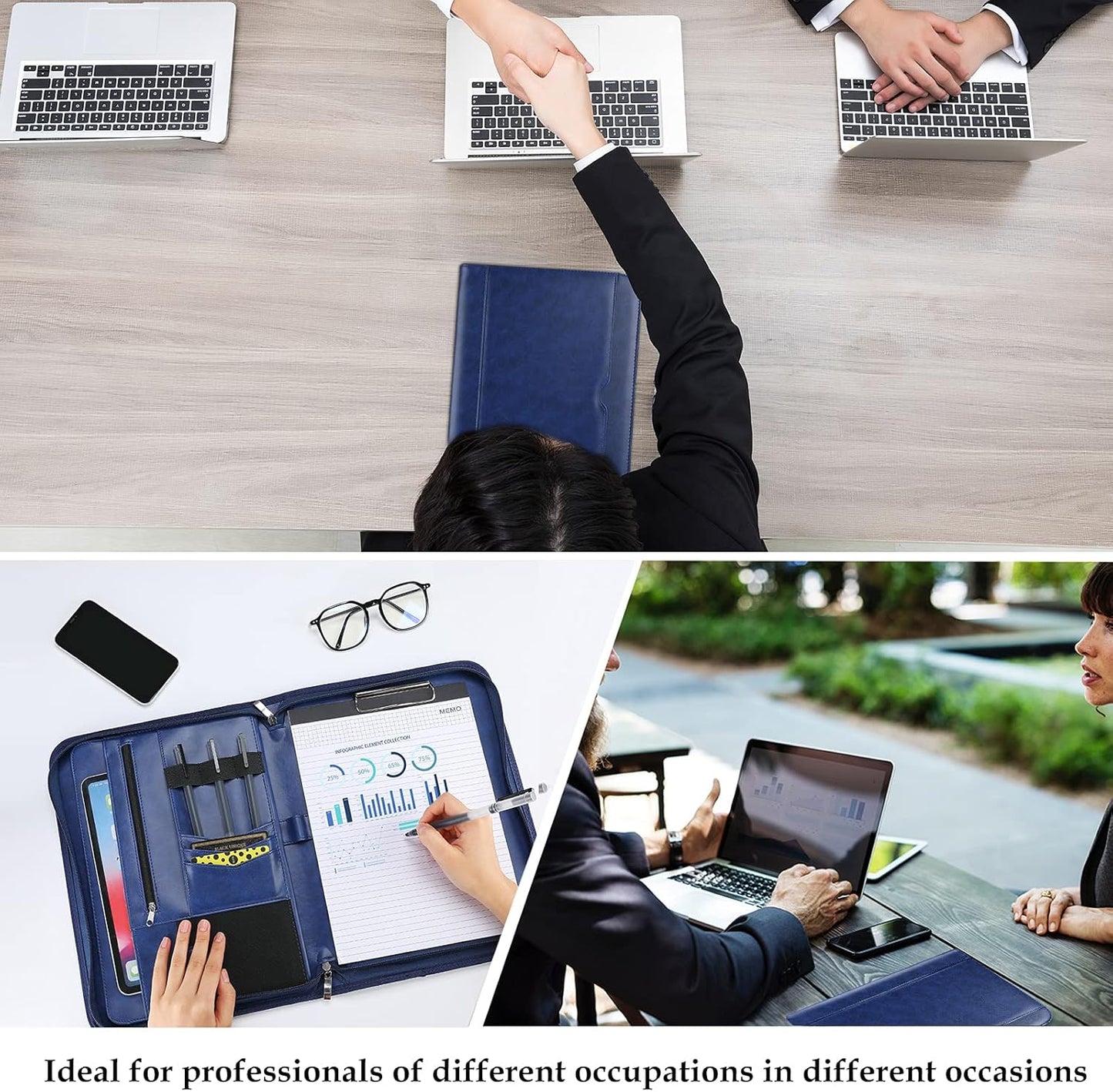 ProCase Portfolio Business Padfolio Folder with Zipper, Conference Meeting Executive File Legal Document Organizer with Pockets Letter Size A4 Writing Pad Notepad Padfolio -Navy