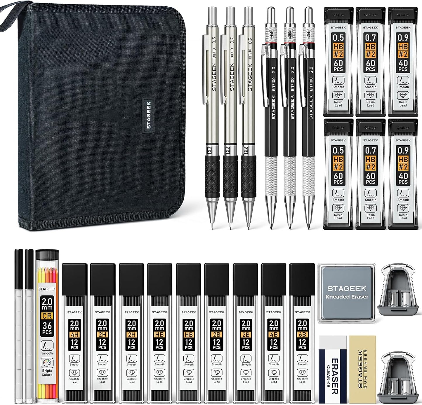 30PCS Mechanical Pencil Set with Canvas Bag, Drawing Pencils 0.5, 0.7, 0.9MM & 3PCS 2MM Sketching Pencil with 464PCS Leads (6B 4B 2B HB 2H 4H Color) for Artist Drafting Drawing Writing