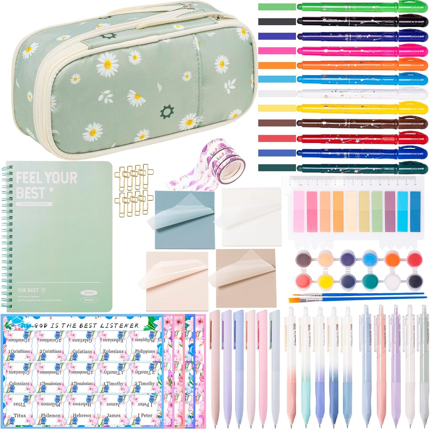 Bible Study Supplies for Women & Journaling Kit - Pencil Case, 12 Colored Highlighters No Bleed, 75 Index Bible Tabs, A5 Notebook, 16 Gel Pens & 4 Transparent Notes - Christian Gifts, Green Daisies