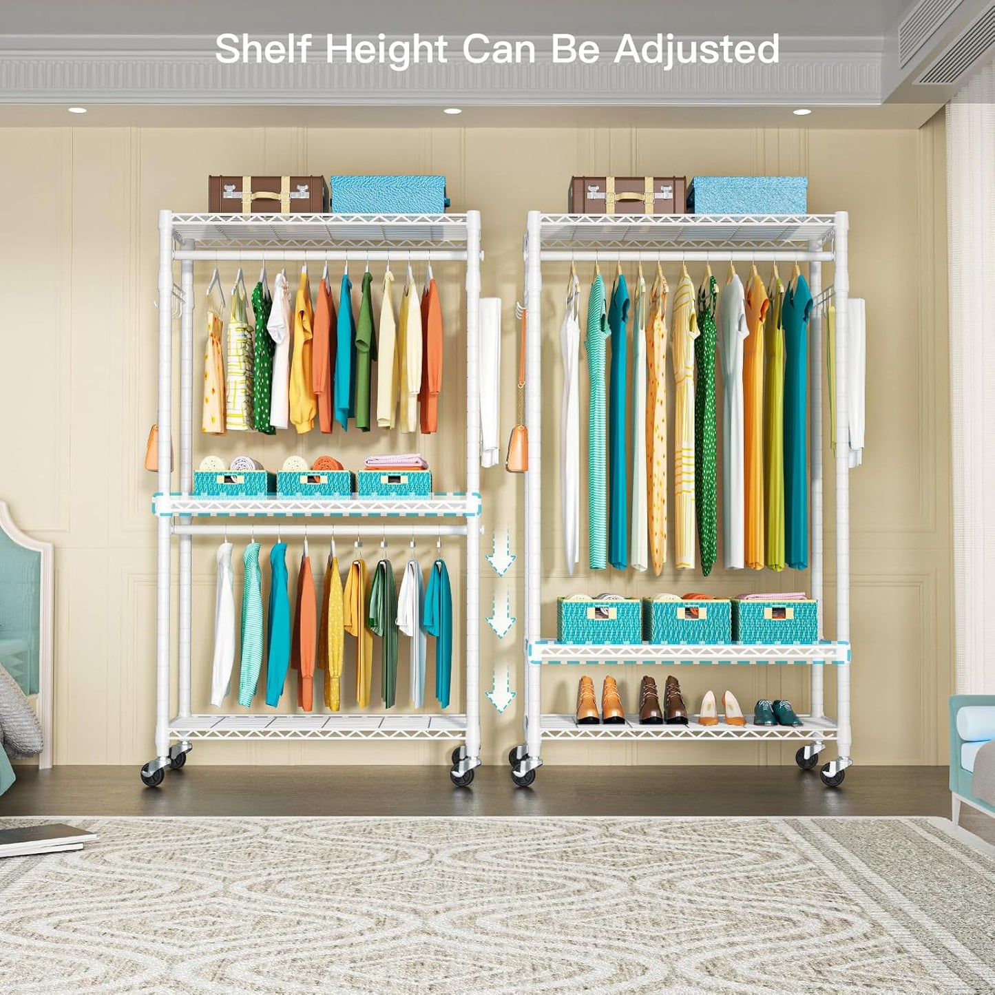 P1 Heavy Duty Garment Rack, 3 Tiers Adjustable Rolling Metal Closet Organizer with Lockable Wheels, FreeStanding Wardrobe with Double Hanger Rods & 1 Pair Hooks, Max Load 450 LBS, White