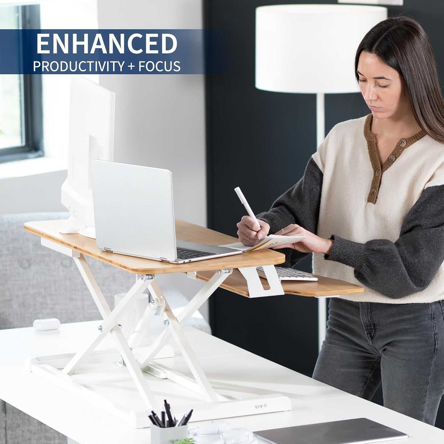 VIVO 32 inch Desk Converter, K Series, Height Adjustable Sit to Stand Riser, Dual Monitor and Laptop Workstation with Wide Keyboard Tray, Bamboo Top, White Frame, DESK-V000KO
