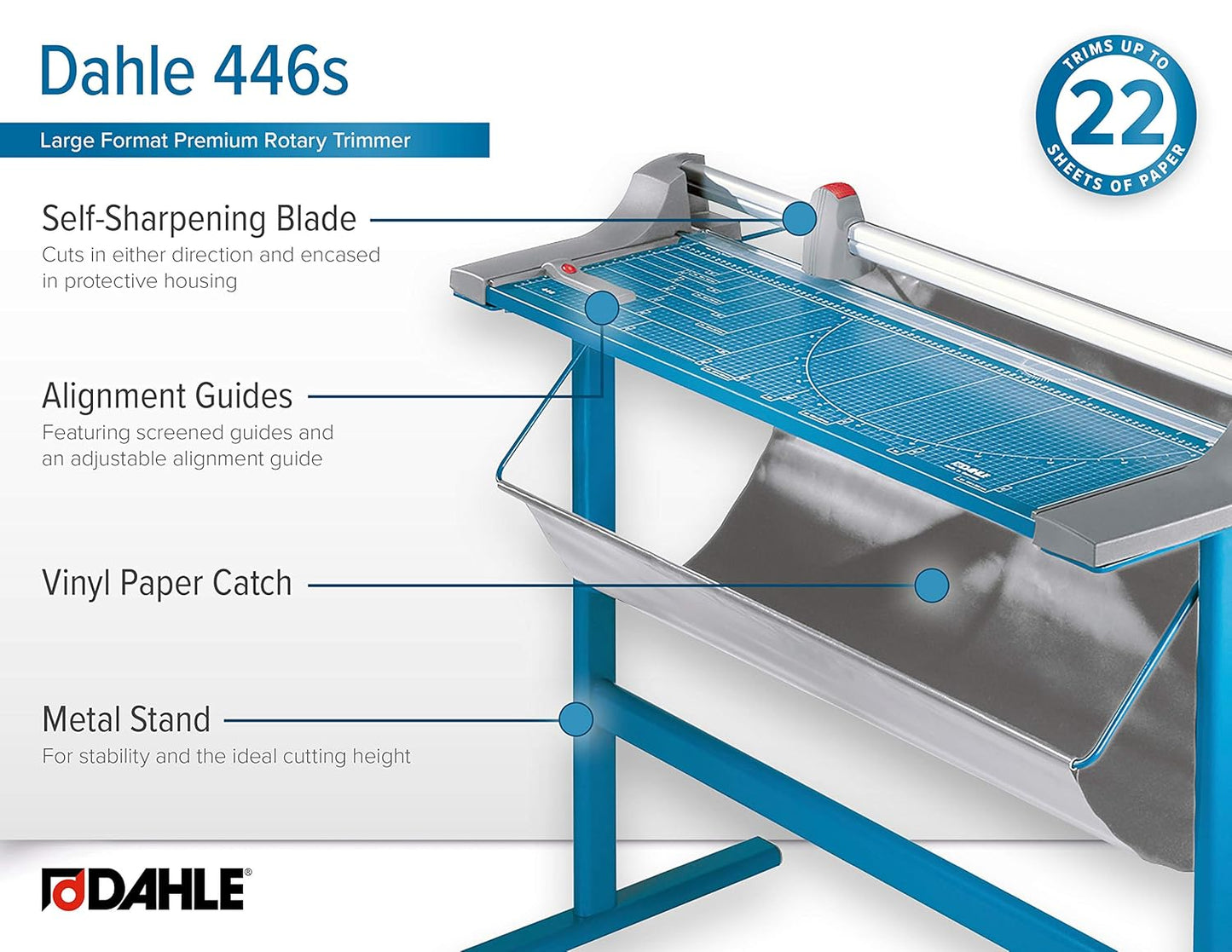 Dahle 446s Premium Rotary Trimmer w/Stand, 36" Cut Length, 25 Sheet Capacity, Self-Sharpening, Automatic Clamp, German Engineered Paper Cutter