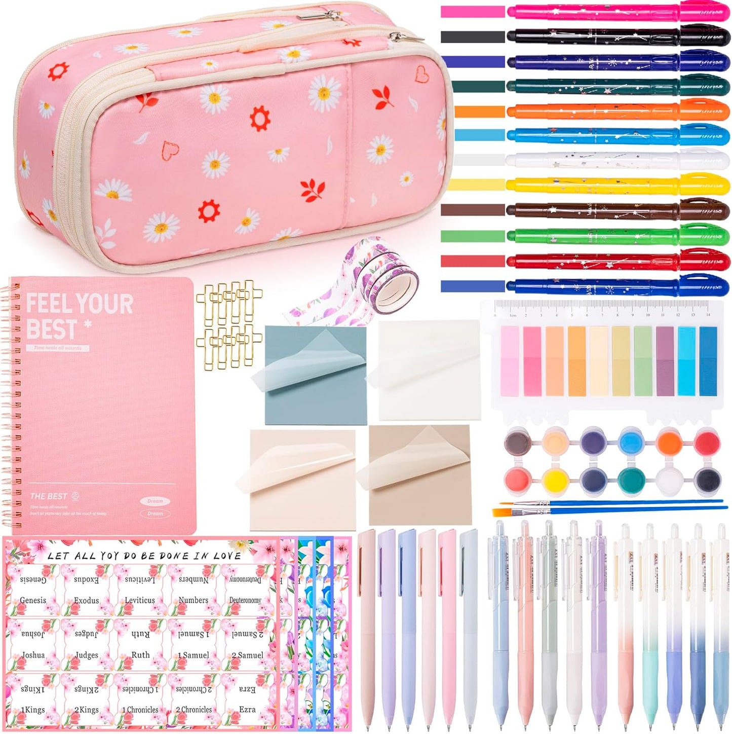 Bible Journaling Supplies for Women - Complete Kit with Pencil Bag, 12 Highlighters For Bibles That Do Not Bleed,16 Pens, 75 Tabs, A5 Notebook - Christian/Catholic Gifts, Pink with Daisies