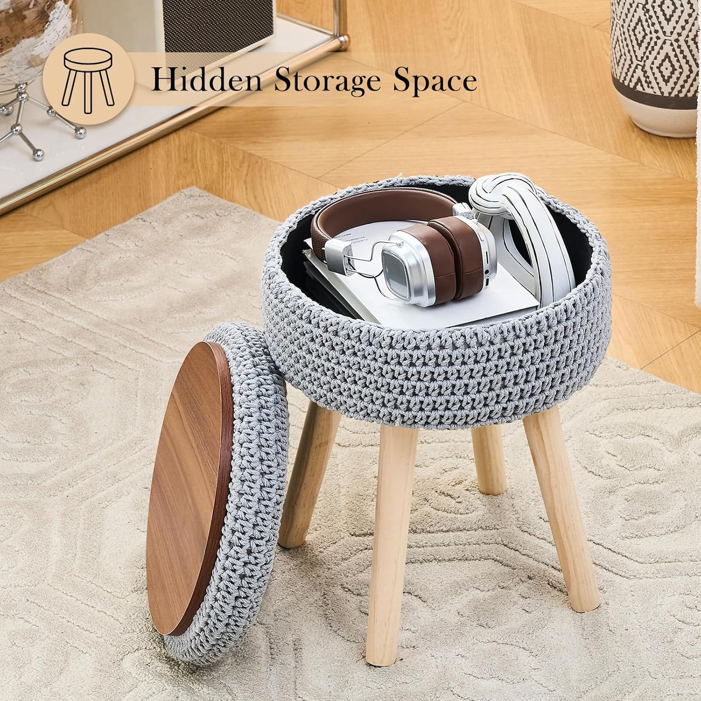 Round Foot Stool Ottoman with Storage Footrest with Wood Legs Cotton Knitted Vanity Stool Tray Top Coffee Table Multifunctional Upholstered Footstool for Living Room Bedroom Grey