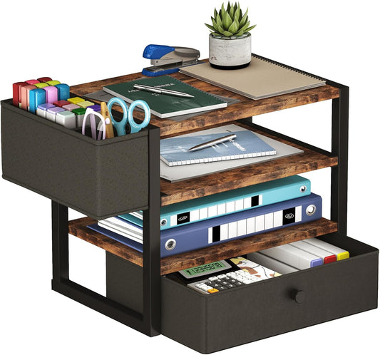 Desk Organizers and Accessories, 4-Tier Paper Letter Tray File Organizer with Fabric Drawer & 3 Pen Holder, Office Desk Accessories Workspace Desktop Organizer for Office Supplies, Rustic Brown