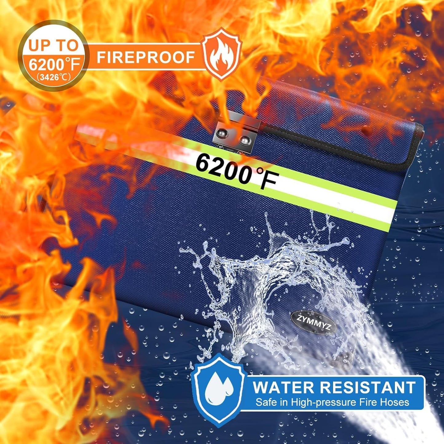 6200°F Fireproof Money Bag with Lock,9 Layers of Heat Insulated Materials,Upgraded Fireproof Zipper/Reflective Strip,Water Resistant Fire proof for Cash,A5 documents