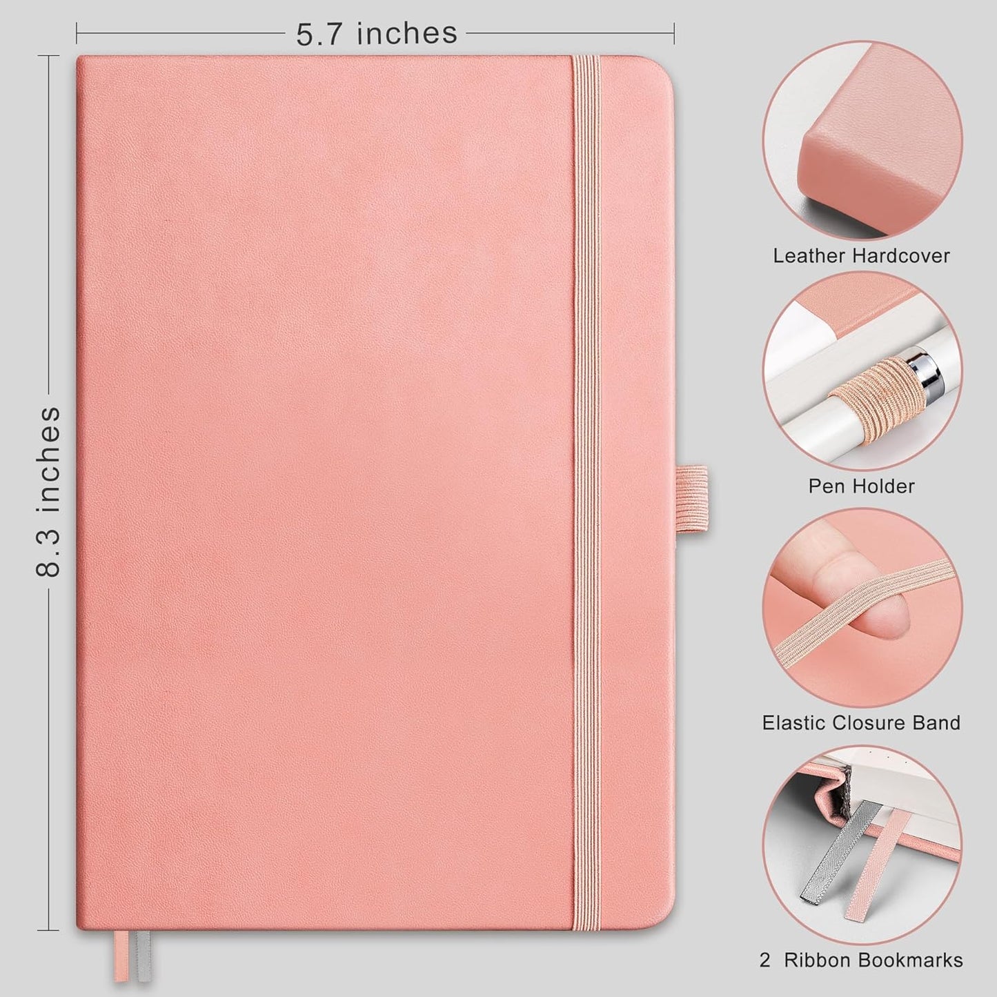 RETTACY Graph Grid Paper Notebook, 192 Pages, A5 Medium Size (5.7'' x 8.3''), 5 Squares per Inch, Leather Hardcover, 100 GSM Thick Paper, for School, Students, Math, Engineering (Pink)