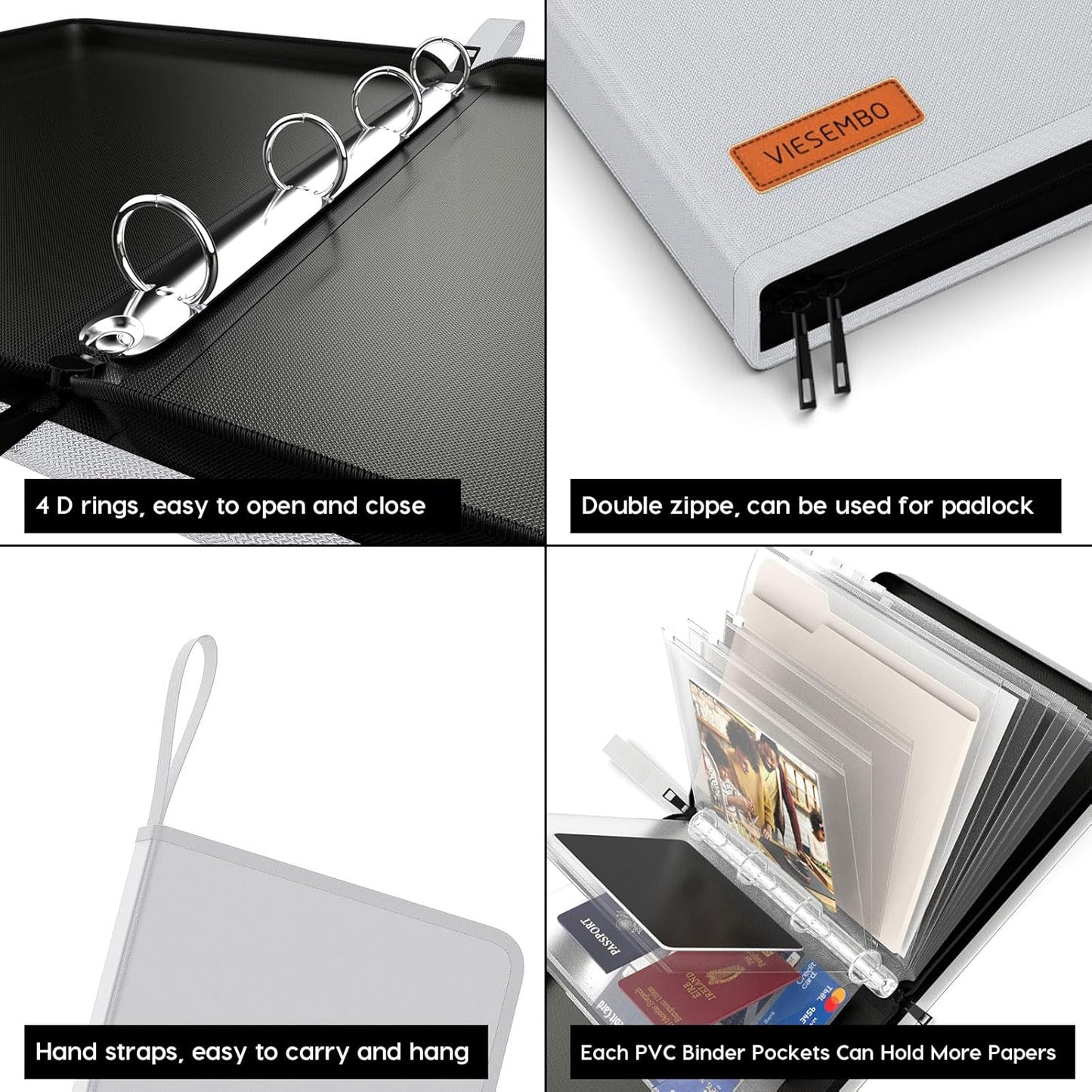Important Document Organizer Zipper Binder, Fireproof Document Bag for Birth Certificate Protector, Waterproof Bill Organizer in Case I Go Missing Binder for Home Safe, 4 Ring Receipt Holder(Sliver)