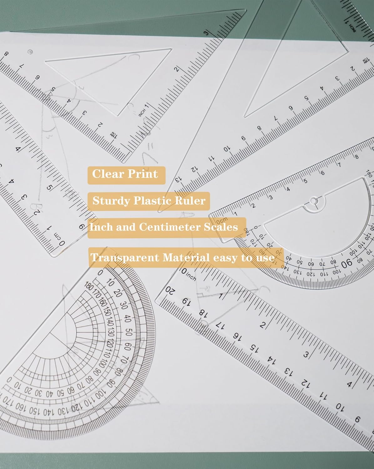 Geometry Set, 6-Piece Clear Plastic Math Ruler, Drafting Ruler Kit Includes Protractor, Triangle Ruler, Straight Ruler-Math Measurement Tools for Students, School and Office Supplies