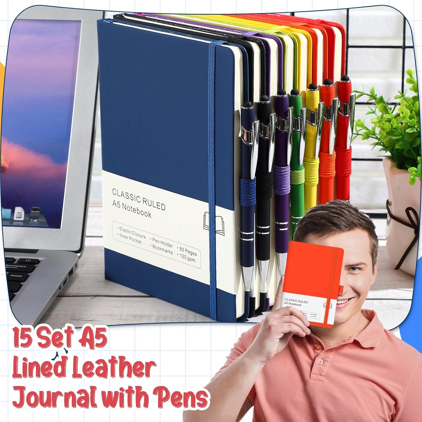 15 Pack Journal Notebook Bulk A5 Hardcover Notebook Classic Journal Set with Pen Holder with 15 Pcs Pens for School Business Work Travel Writing (Multicolor)
